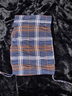 Navy & Rust Plaid Ruched skirt mid or short adjustable strings on the side